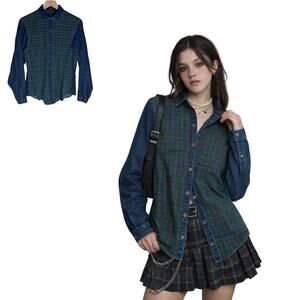 Dockers Vintage Tartan Plaid Button Up Shirt Denim Trim Womens Small